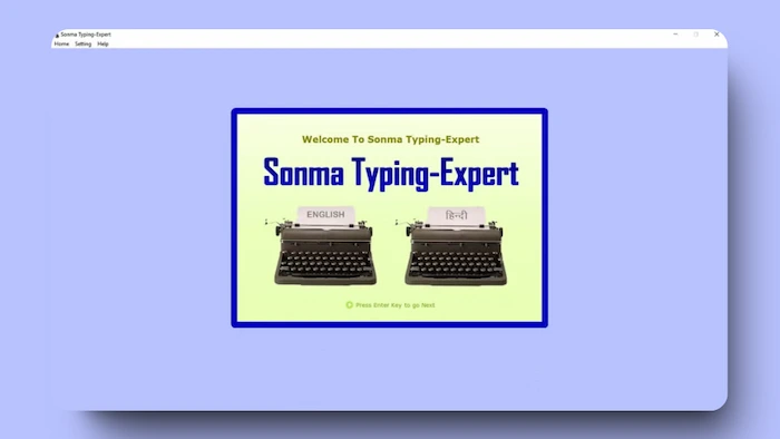 Sonma Typing-Expert window showing bilingual English and Hindi typing welcome screen